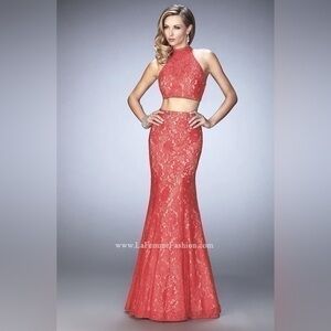LA FEMME Papaya Two piece Lace Gown